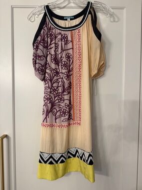 Multicolor Embroidered Cold-Shoulder Dress - Beige, Plum & Lime